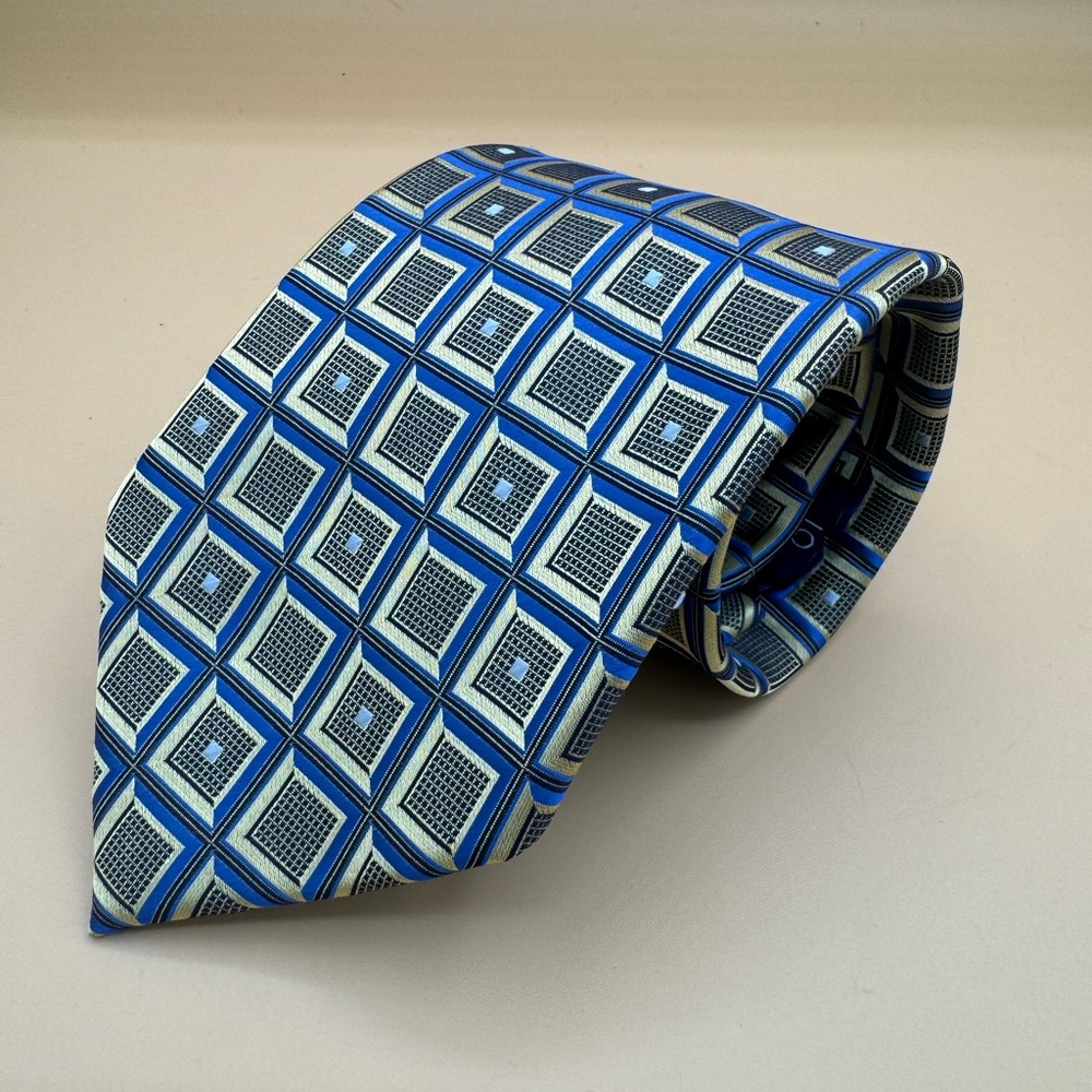 Giorgio Brutini Dimensional Weave Olive Green/ Blue Geometric Men's Tie, EUC